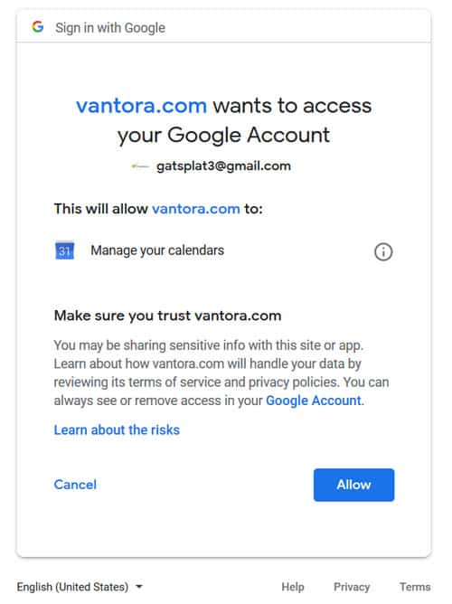 Authorize Vantora to Access your google calendar
